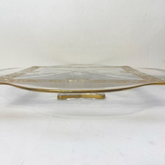 Ovington’s Alhambra Glass Cake Pedestal Platter Gold Floral Inlay Elegant Shape - Picture 13 of 14
